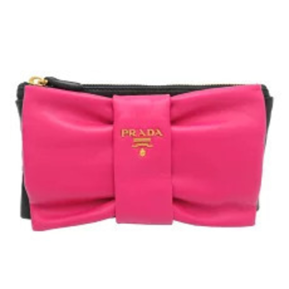 Prada Ribbon Motif Pouch Clutch Leather Pink